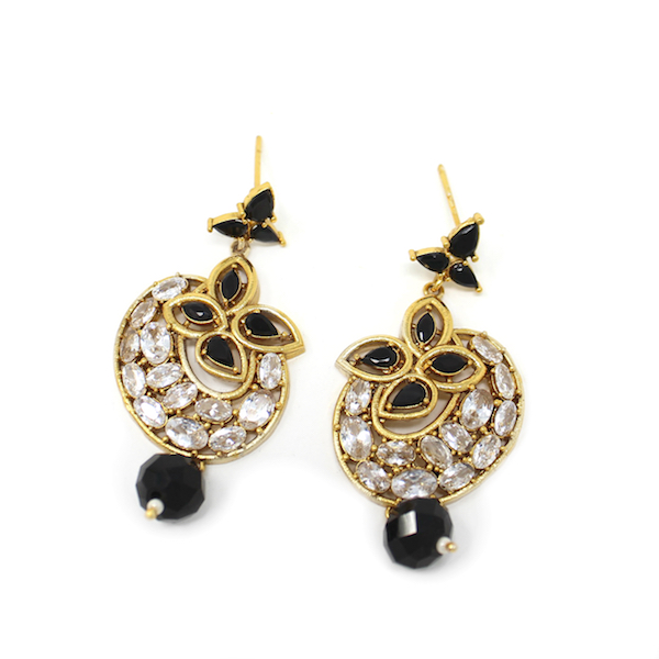 Black Indian Jewelry Polki Earrings with Diamond and pearl drops.