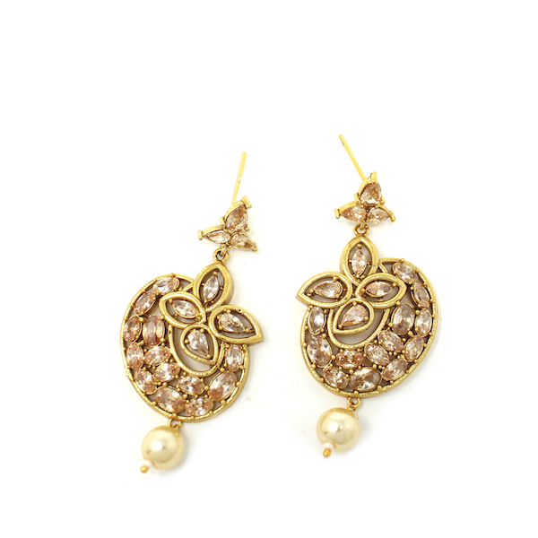Rose Gold Indian Jewelry Polki Earrings with Diamond and pearl drops.