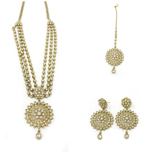 Antique Gold Unique Polki Necklace Set with Earrings and Tikka