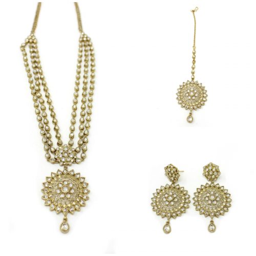Antique Gold Unique Polki Necklace Set with Earrings and Tikka