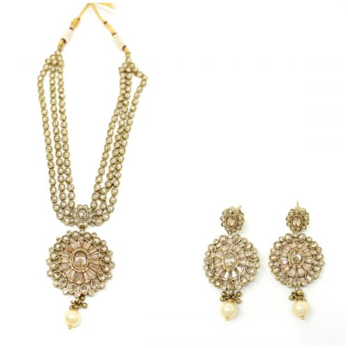 Antique Gold Unique Polki Necklace Set with Earrings and Tikka
