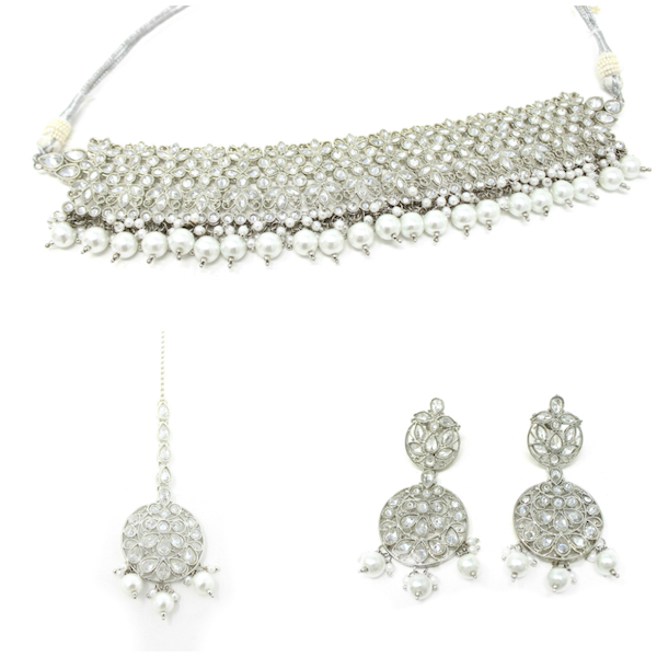 Indian Jewelry Silver Necklace Polki Stone Choker Set