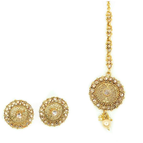 Indian Jewelry RIMA Stud Earring Tikka Set Kundan Polki Set Antique Gold Tikka Set