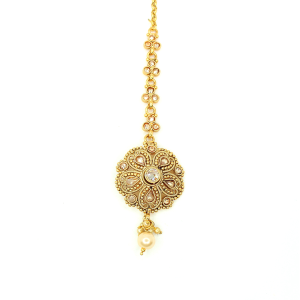 Indian Jewelry Rushna Stud Earring Tikka Set Kundan Polki Set Antique Gold Tikka Set