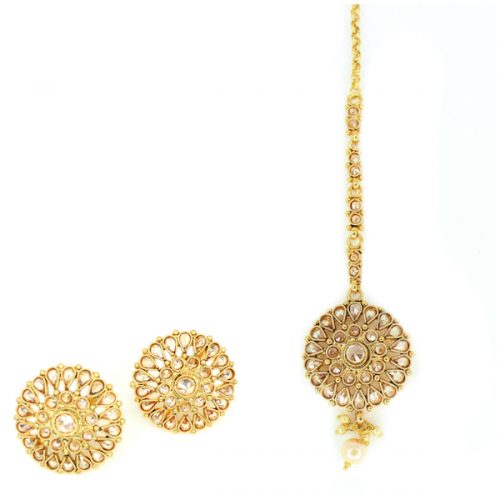 Indian Jewelry SURAI Stud Earring Tikka Set Kundan Polki Set Antique Gold Tikka Set