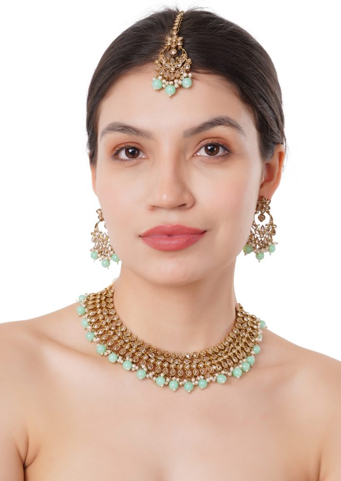 Indian Jewelry Necklace Set Meena green Pearls